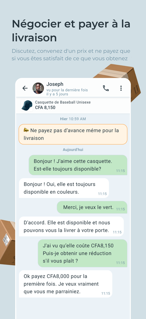 Mobile app chat interface showing a buyer and seller negotiating the price of a baseball cap on Jiji Congo.