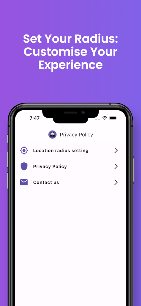 Urban Panda - Urban Panda settings screen showing options for location radius customization and privacy policy