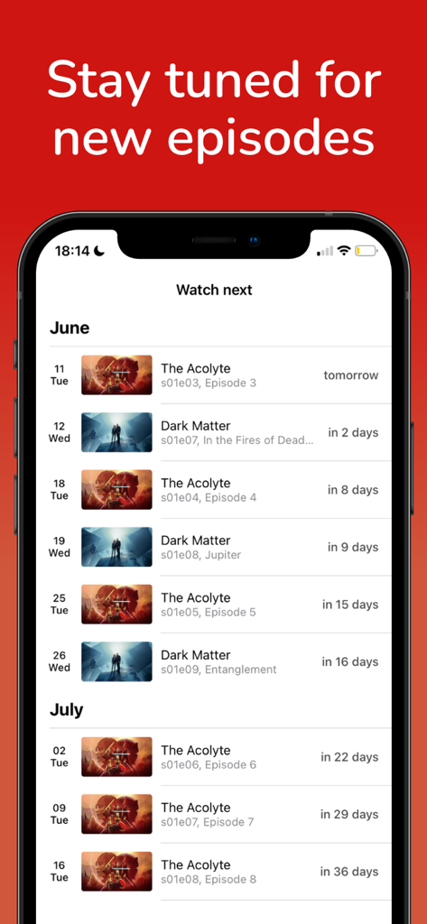 MyShows - Track Shows & Films - A mobile screen showing a schedule of upcoming TV show episodes with dates and countdowns