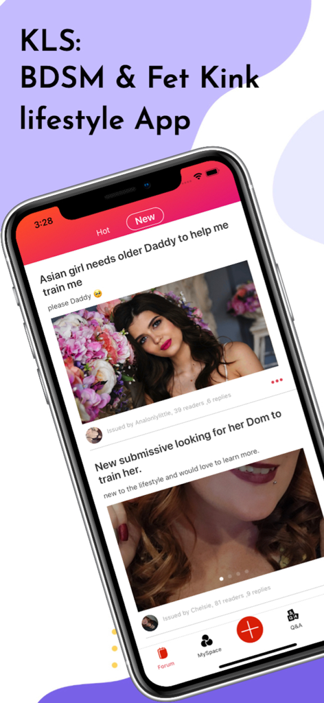 Un smartphone mostrando la interfaz de la aplicación KLS con un feed comunitario con publicaciones de usuarios y hilos de discusión para la comunidad de estilo de vida kink.
