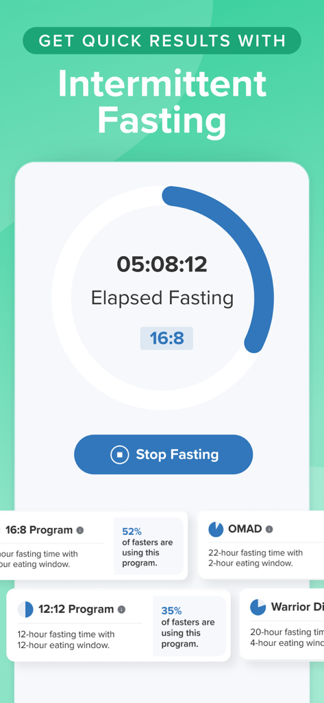 Carb Manager app interface displaying an intermittent fasting timer for a 16 to 8 program and options for OMAD and Warrior diets.