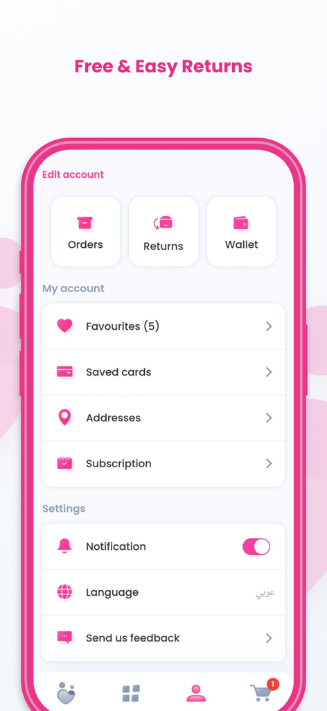 Dumyah - Online Shopping - The account management screen of the Dumyah shopping app showing order history returns and wallet settings.
