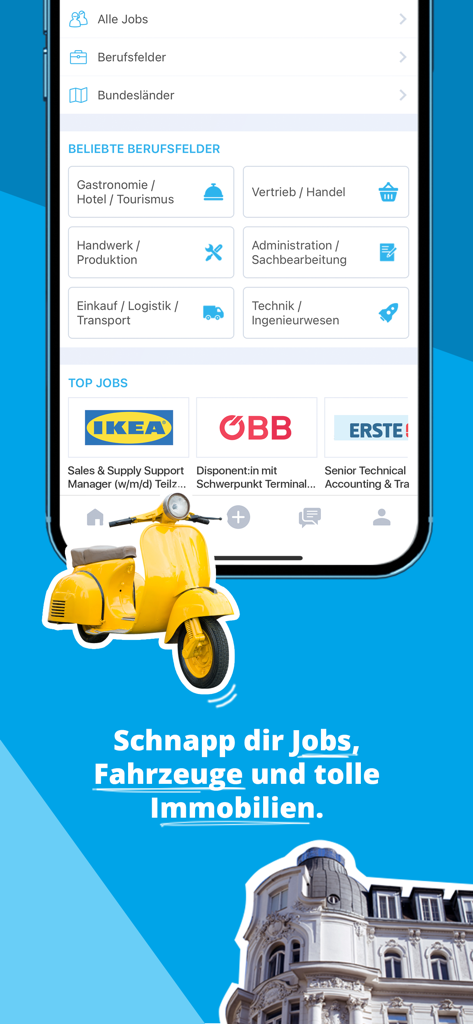 willhaben - Willhaben app interface showing job categories and vehicle listings with a yellow scooter