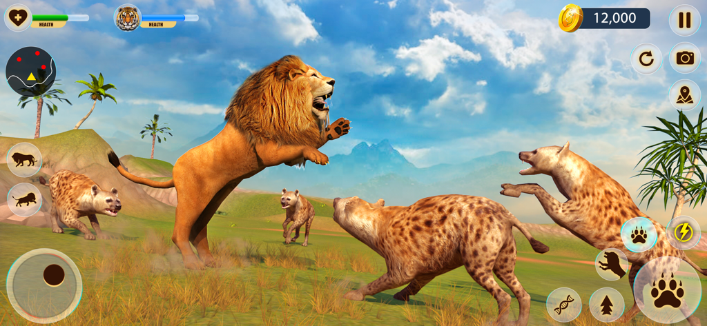 Lion Hunting Simulator Game - Un leone salta per attaccare tre iene in un gioco simulatore di giungla 3D con interfaccia mobile