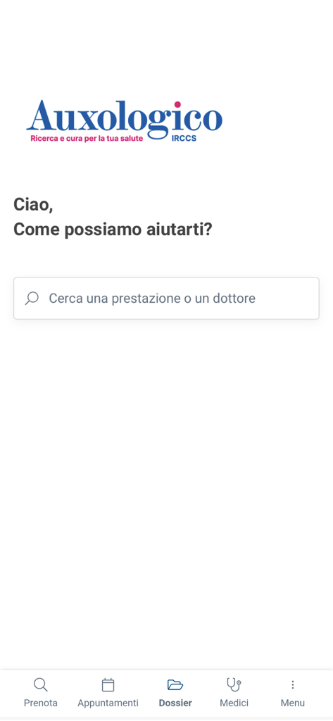 La schermata principale dell'app mobile Auxologico che mostra una barra di ricerca per servizi medici e medici con un menu di navigazione in basso.