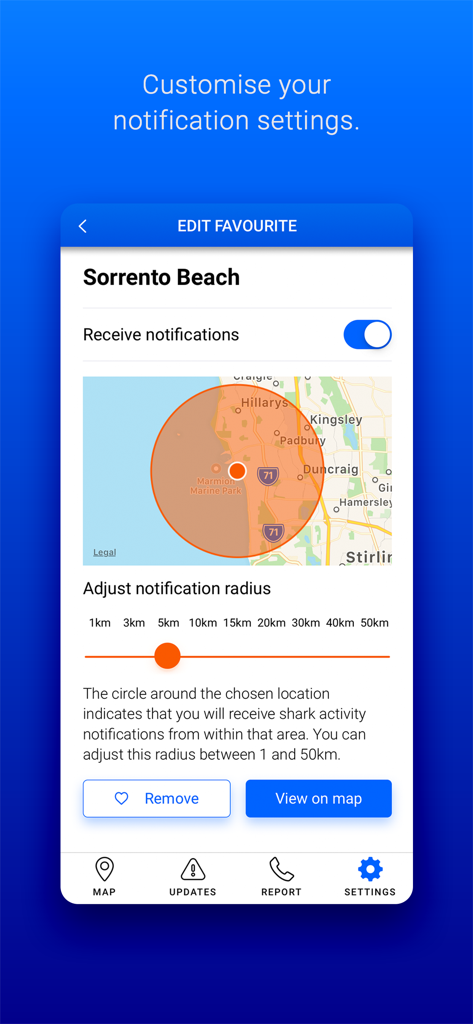 SharkSmart WA notification settings screen for Sorrento Beach showing an adjustable alert radius on a map