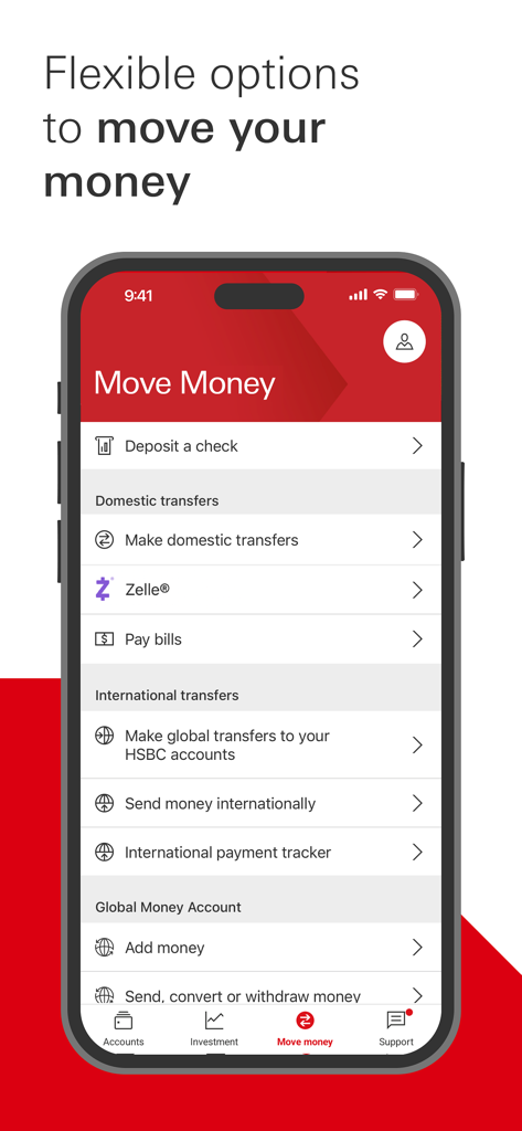 HSBC US - HSBC US app interface showing domestic and international money transfer options including global transfers and Zelle