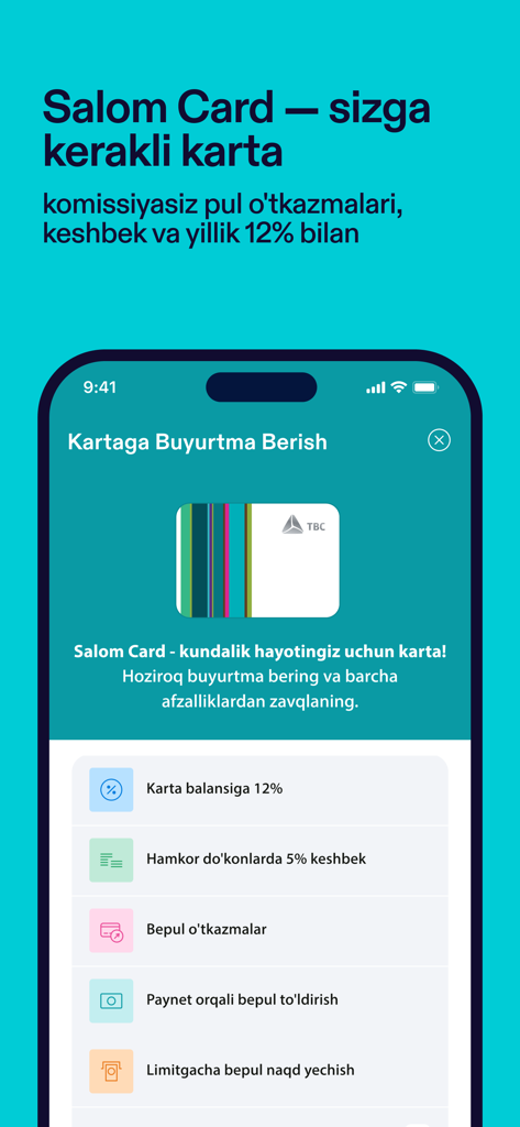 TBC UZ: Online Mobile Banking - Pantalla de la aplicación TBC UZ detallando los beneficios de la Salom Card, incluyendo cashback e intereses