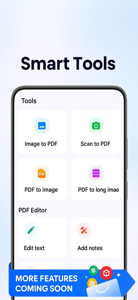 PDF Reader - Scan & View - Una interfaz móvil de la aplicación Lector de PDF que muestra herramientas inteligentes para escanear y editar documentos.