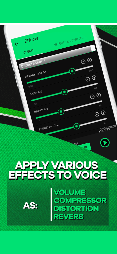 Narrator's voice - Interfaz de la aplicación La Voz del Narrador que muestra efectos de audio ajustables, incluyendo configuraciones de compresor con controles de ataque y ganancia