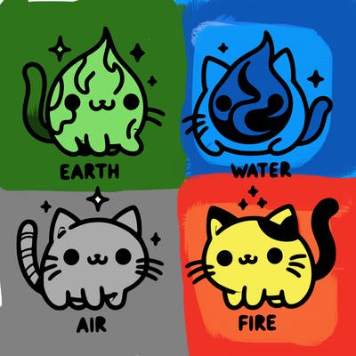 4 cats that represent the different elements, earth, water, air, and fire