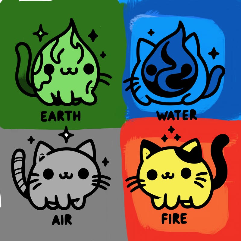 4 cats that represent the different elements, earth, water, air, and fire