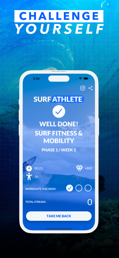 Surf Athlete: Surf Training - A smartphone displaying a completed workout screen in the Surf Athlete training app for surf fitness and mobility.