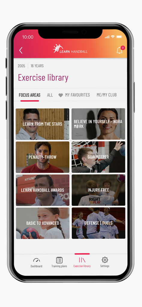 Learn Handball mobile app showing the exercise library with video drill categories for coaching.