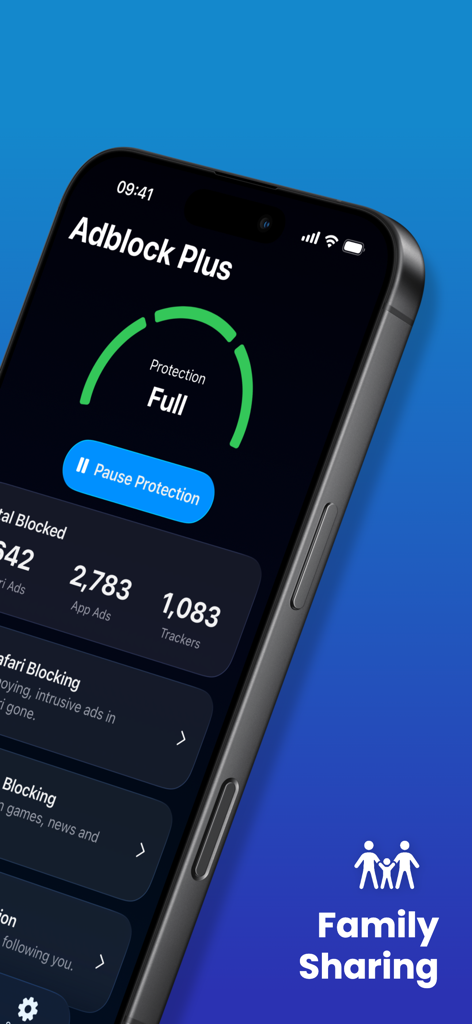 Dashboard di Adblock Plus per Safari su iPhone che mostra lo stato di protezione completa e le statistiche per annunci e tracker bloccati.