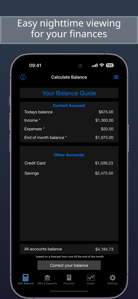 Panel de la aplicación Balance Guide en modo oscuro que muestra los saldos actuales de las cuentas y el pronóstico financiero mensual.