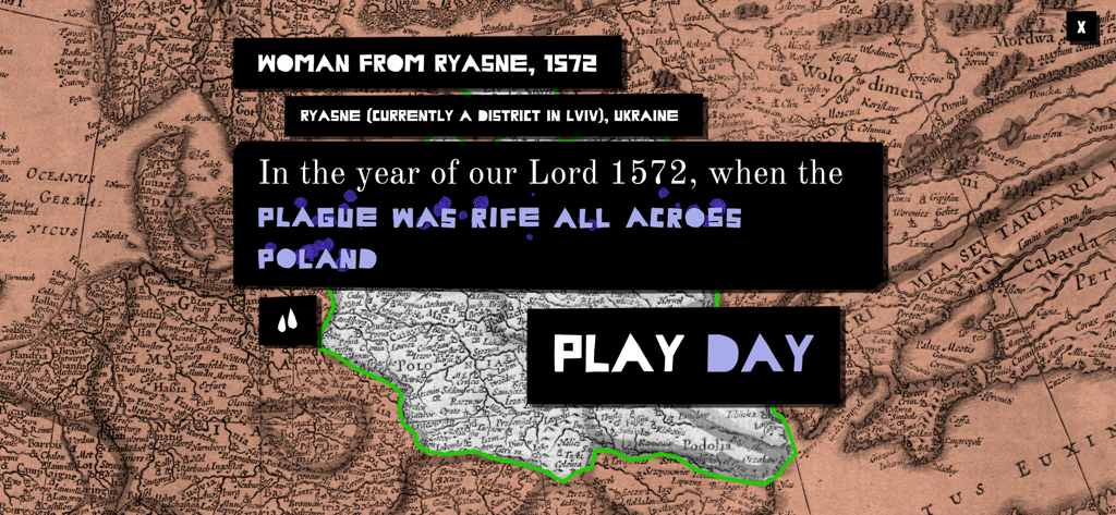 Real Vampires - Gameplay screen from Real Vampires showing a vintage map of Ukraine and Poland with narrative text about the 1572 plague.