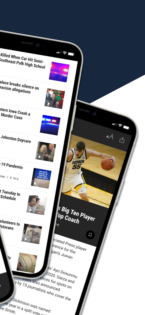 WHO 13 - WHO 13モバイルアプリのインターフェイス。ローカルニュースの見出しとアイオワ大学バスケットボールに関するスポーツ記事が表示されています。