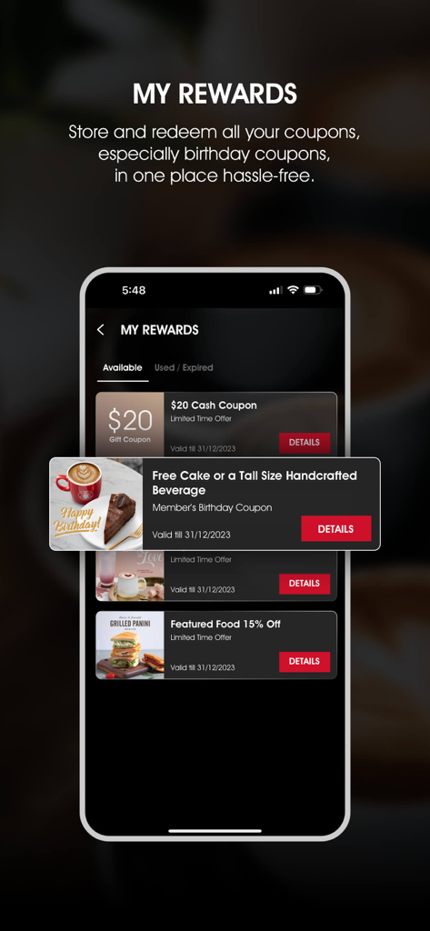 Pacific Coffee Hong Kong - Pacific Coffee Hong Kong mobile app interface displaying the My Rewards section with digital coupons and a birthday offer.