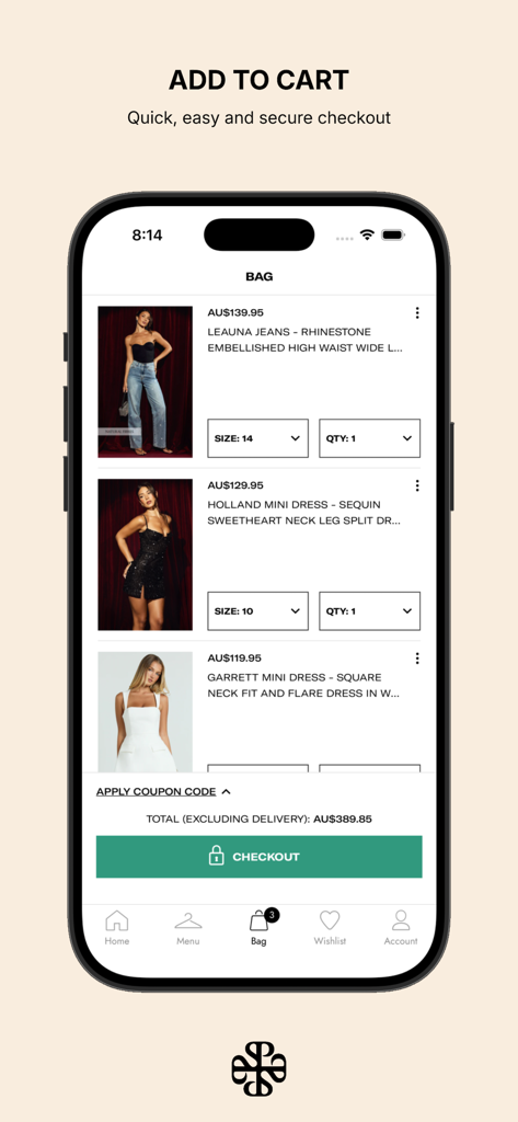 Showpo: Fashion Shopping - Interface du panier d'achat de l'application mobile Showpo affichant les articles de mode sélectionnés et un bouton de paiement sécurisé