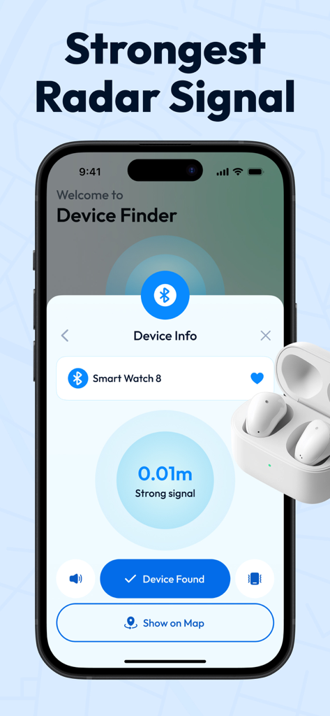 A smartphone showing the Bluetooth scanner app interface with a proximity radar finding a smart watch at zero point zero one meters.