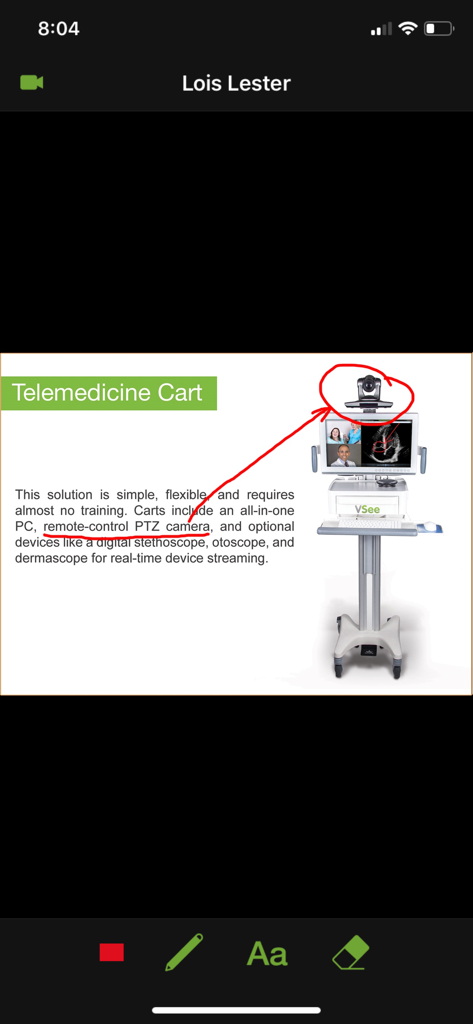 VSee Messenger - A professional telemedicine cart shown in the VSee Messenger app with details about its remote-control camera and medical device streaming capabilities.