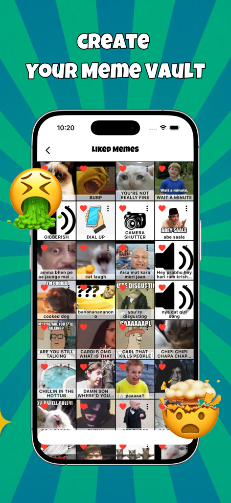 Uma captura de tela do aplicativo Meme Soundboard mostrando um cofre de memes virais e efeitos sonoros favoritos em uma grade.