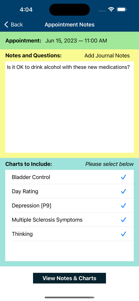 MSAA—My MS Manager - Appointment notes screen showing questions for the doctor and symptom charts to include in the report