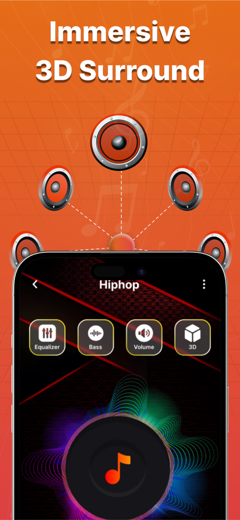 Volume Booster: Sound Booster - Mobile app interface showing immersive 3D surround sound feature for audio enhancement