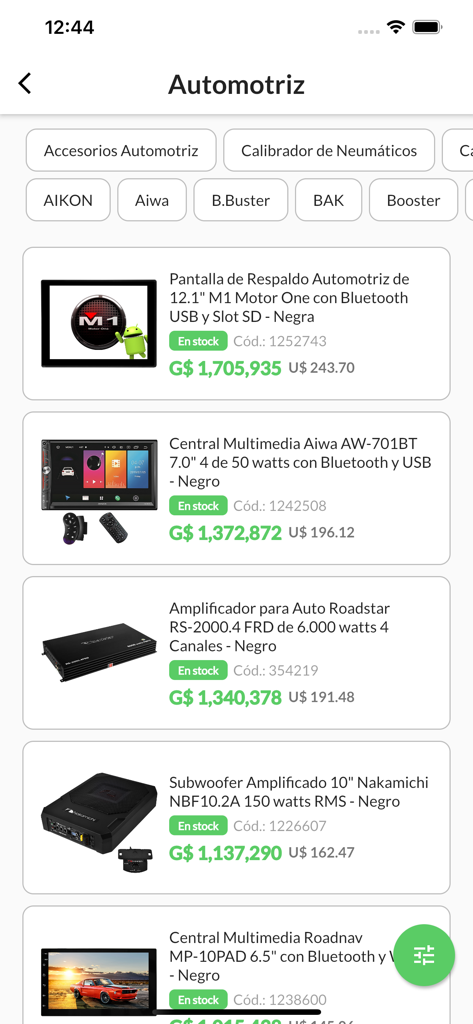 Mega Eletrônicos - Mega Eletronicos app screen showing automotive electronics product list with prices in multiple currencies