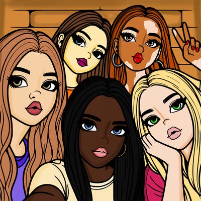 group of teen girls friends y2k up close in a selfie