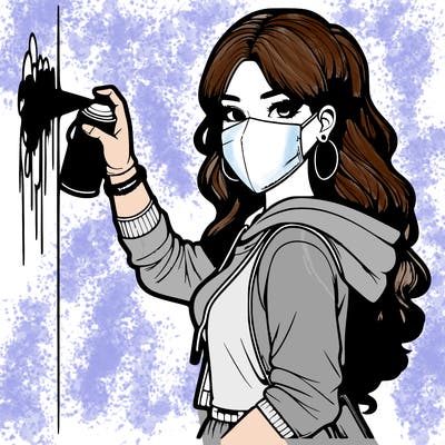 realistic girl with mask spray painting a wall