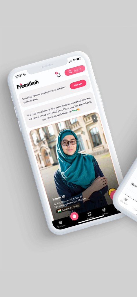 FreeNikah - Muslim Matrimony - FreeNikah app interface showing a Muslim woman's profile and information about free chatting features.