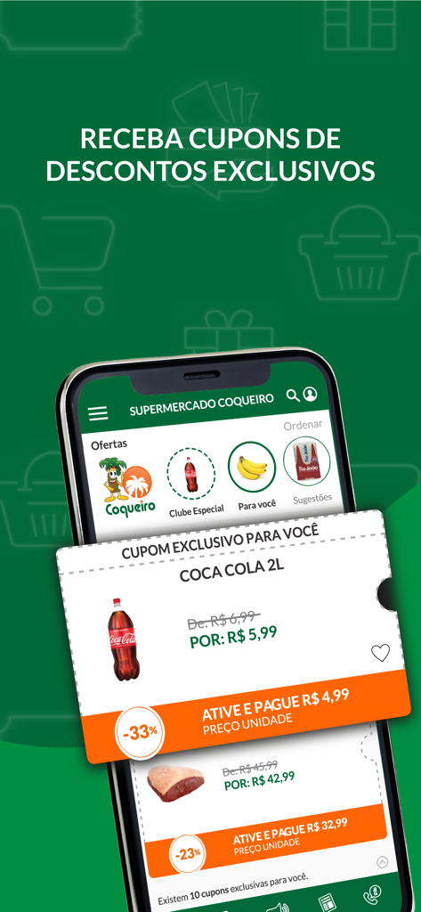 Supermercado Coqueiro - Tela de cupons de desconto exclusivos no aplicativo móvel Supermercado Coqueiro