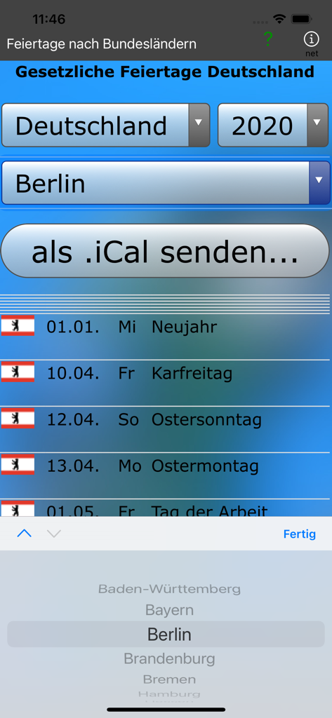 Interfaz móvil que muestra los días festivos públicos alemanes para Berlín en 2020 con un botón para exportar como iCal