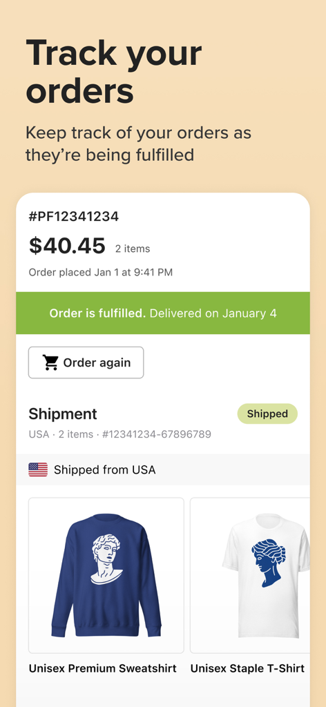 Mobile app interface for tracking Printful orders and fulfillment status.
