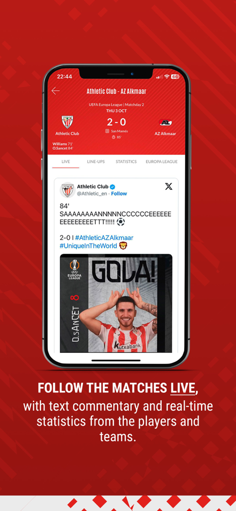 Athletic Club official app screen displaying live match results and text commentary
