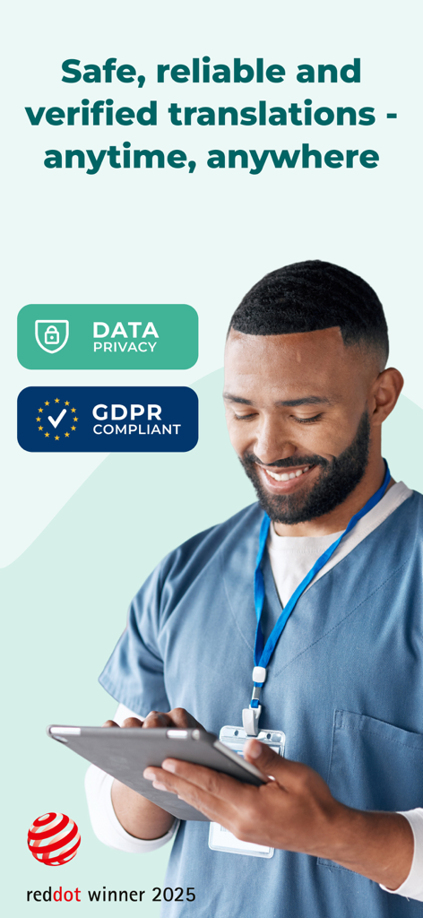 A healthcare professional in scrubs using a tablet with data privacy and GDPR compliance badges.