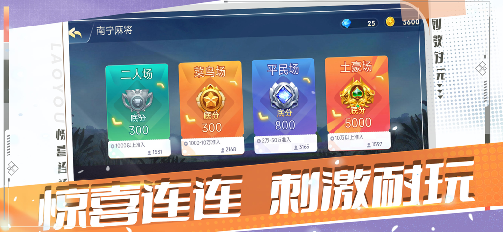 Nanning Mahjong game room selection screen in the Lishui Pao De Kuai app showing different stakes levels