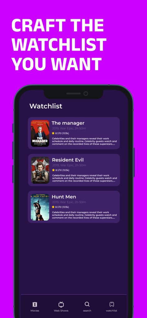 Interface utilisateur de l'application Lok L0k montrant une liste de films à regarder avec leurs titres et leurs notes