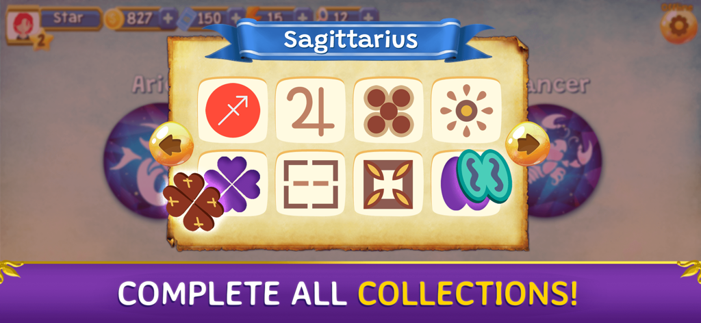Zodi Bingo Live & Horoscope - 조디 빙고 게임 화면에 궁수자리 별자리 컬렉션 표시