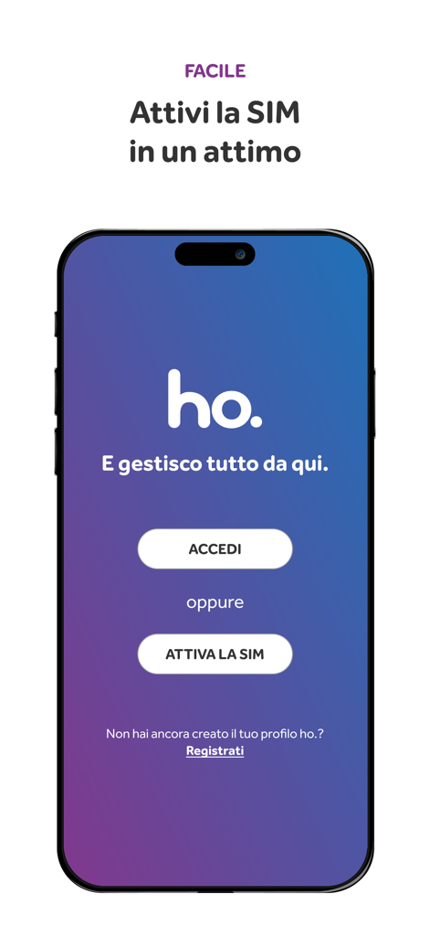 Pantalla de inicio de la aplicación móvil de ho. con opciones para activar una tarjeta SIM o iniciar sesión.