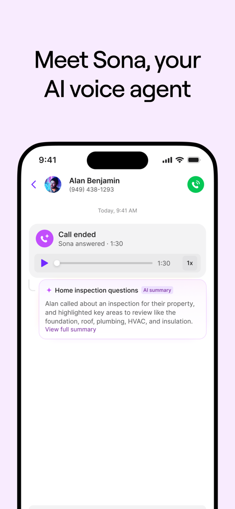 Quo app interface showing the Sona AI voice agent answering a business call and providing an automated summary