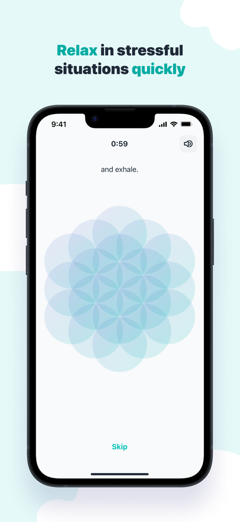 Sensa - Mental Coach - A guided breathing exercise screen in the Sensa app showing a timer and a calming geometric pattern for quick stress relief