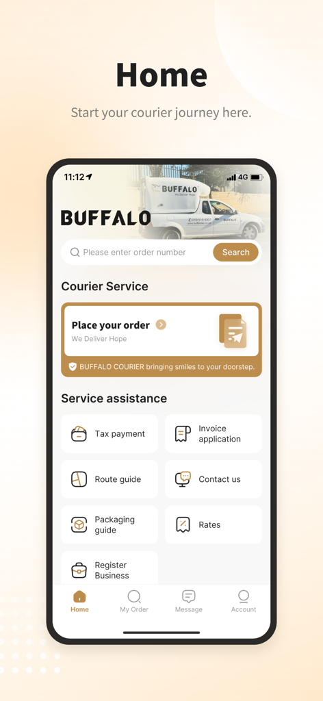 Startseite des Buffaloex Kurier-Apps mit Bestellverfolgung und Serviceunterstützung.