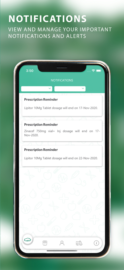 AMH Mobile - AMH Mobile app notification screen displaying prescription reminders for patient medications