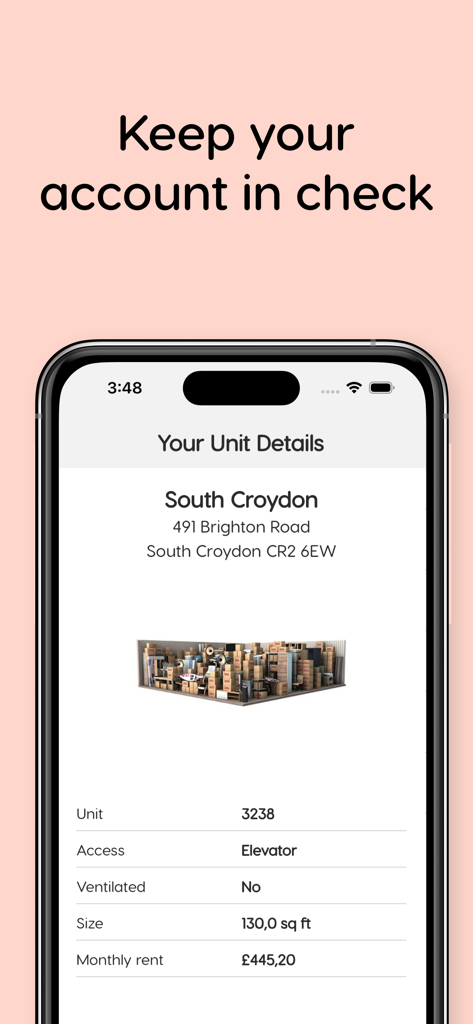 Shurgard mobile app screen displaying storage unit location size and monthly rent information