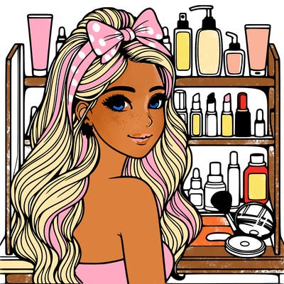 realistic girl with a vanity full of skincare and makeup behind her