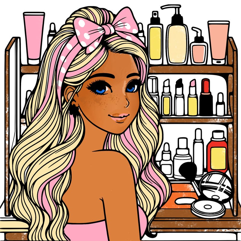 realistic girl with a vanity full of skincare and makeup behind her