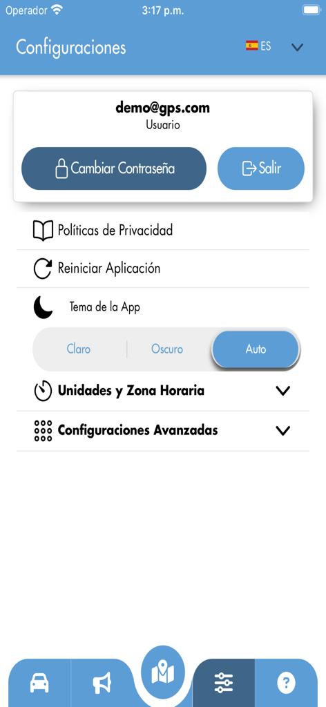 Global System Gps v3 - Settings screen of the Global System Gps v3 app showing user profile and configuration options in Spanish